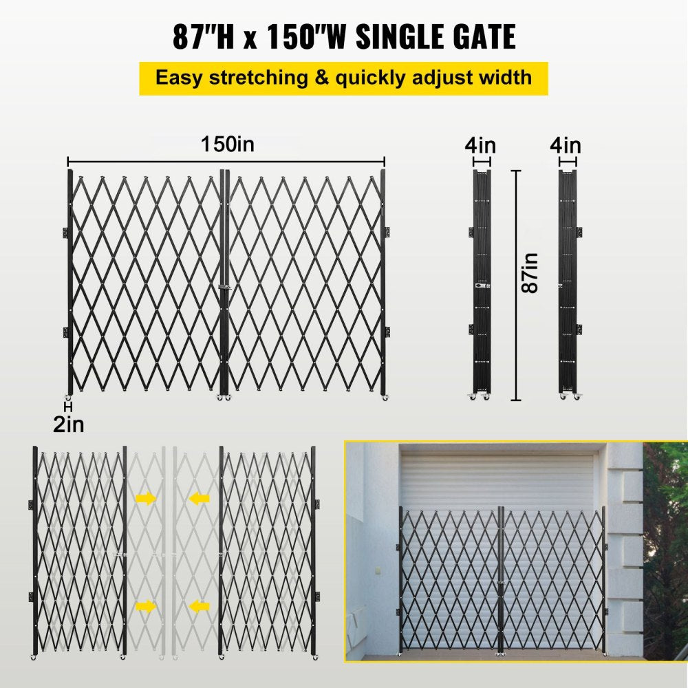 Double Folding Security Gate, 7.1' H x 12.5' W Folding Door Gate, Steel Accordion Security Gate, Flexible Expanding Security Gate, 360° Rolling Barricade Gate, Scissor Gate or Door with Keys