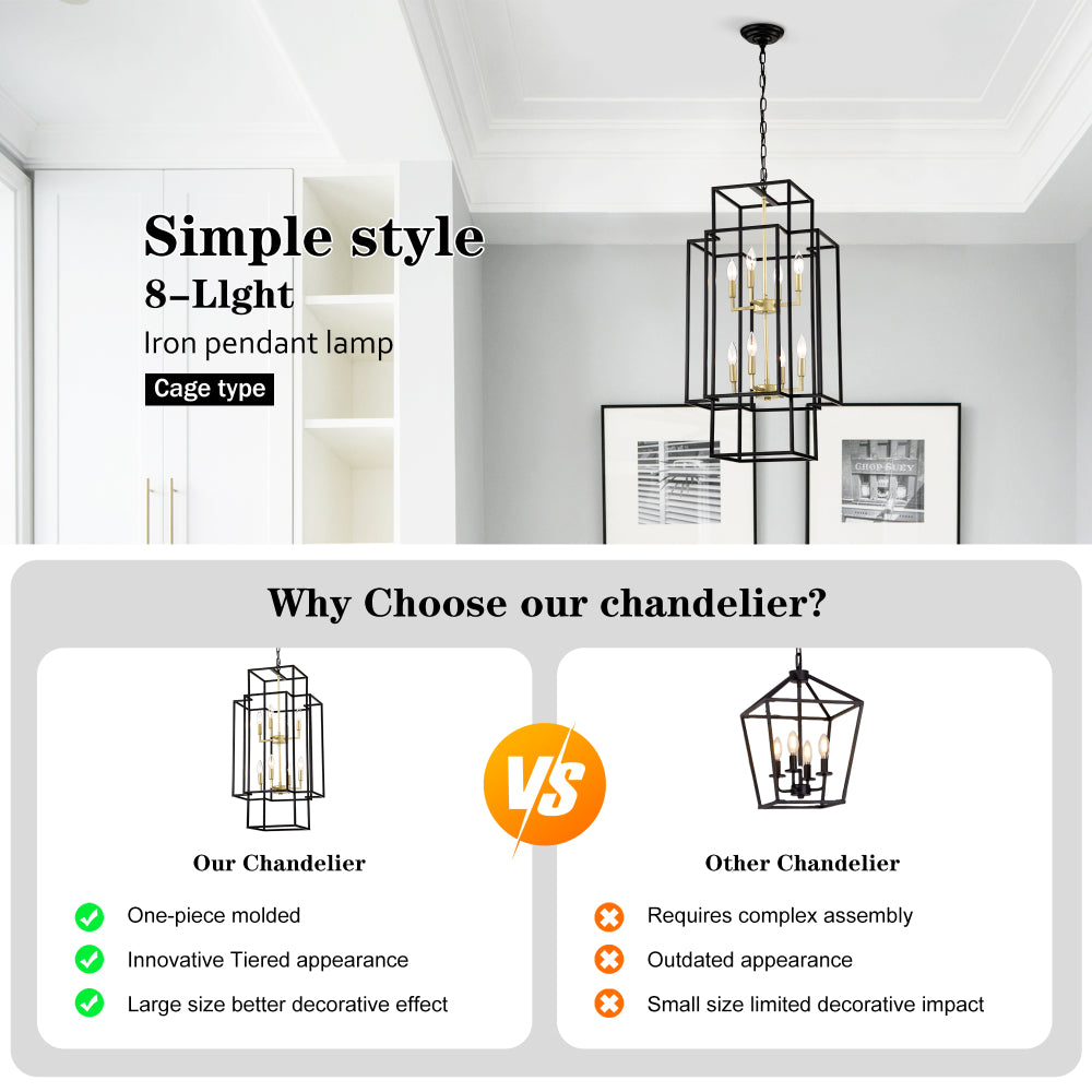 8-Light Metal Lantern Tiered Pendant Hanging Light Fixtures, Industrial Farmhouse Adjustable Height  Chandeliers for Dining Room Hallway Foyer Entryway--Matte Black & Gold(E12 Bulbs Not Included)