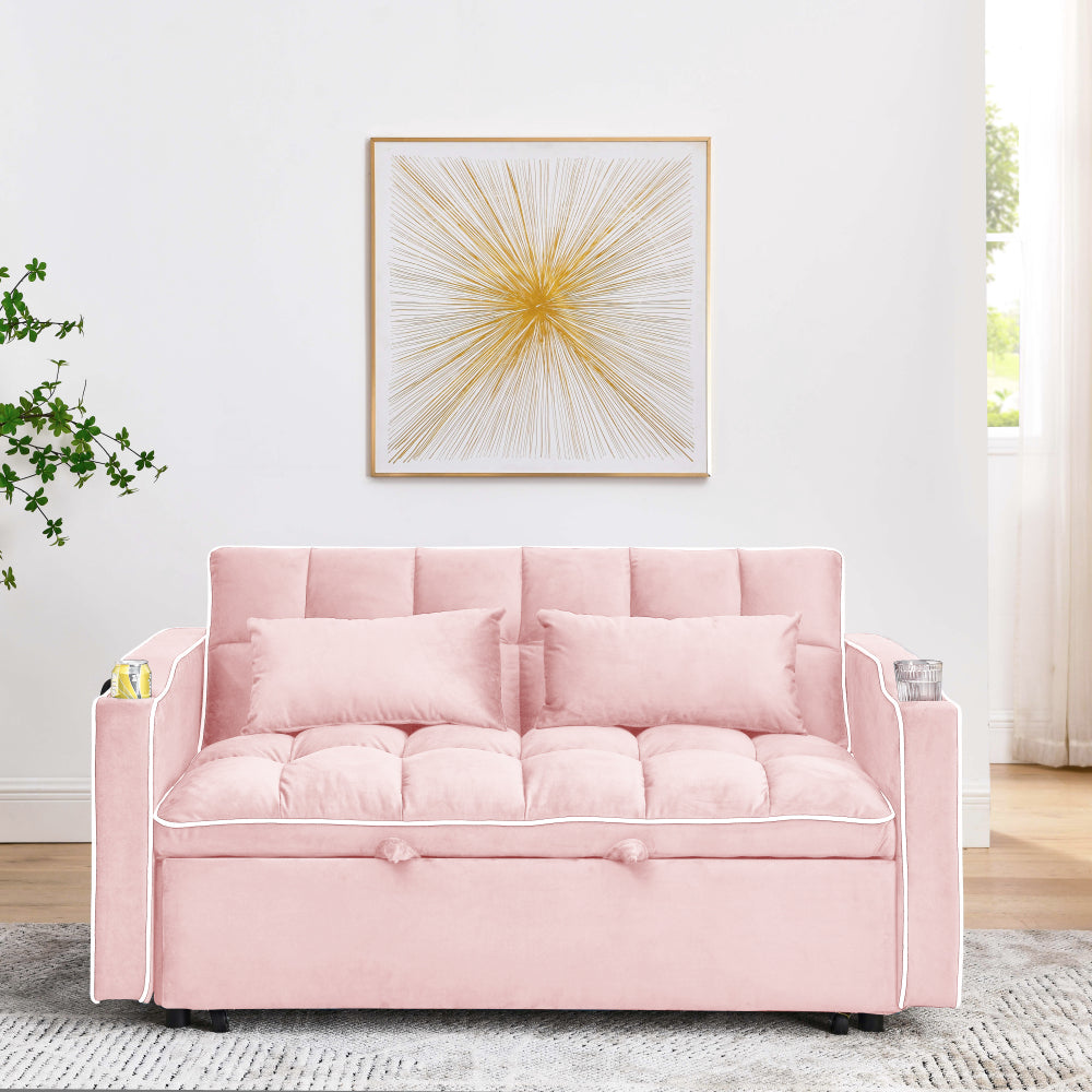 55.51 inch versatile foldable sofa bed in 3 lengths, modern sofa sofa sofa velvet pull-out bed, adjustable back and with USB port and ashtray and swivel phone stand (PINK)