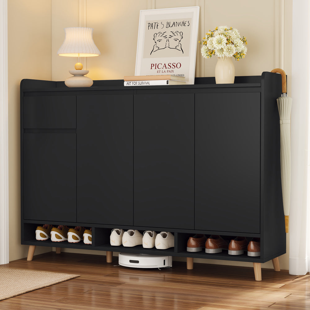 ON-TREND Elegant Shoe Cabinet with Arched Doors and Drawer, Cream Style Storage Sideboard with Adjustable Shelves and Solid Wood Legs for Entryway, Living Room, Black