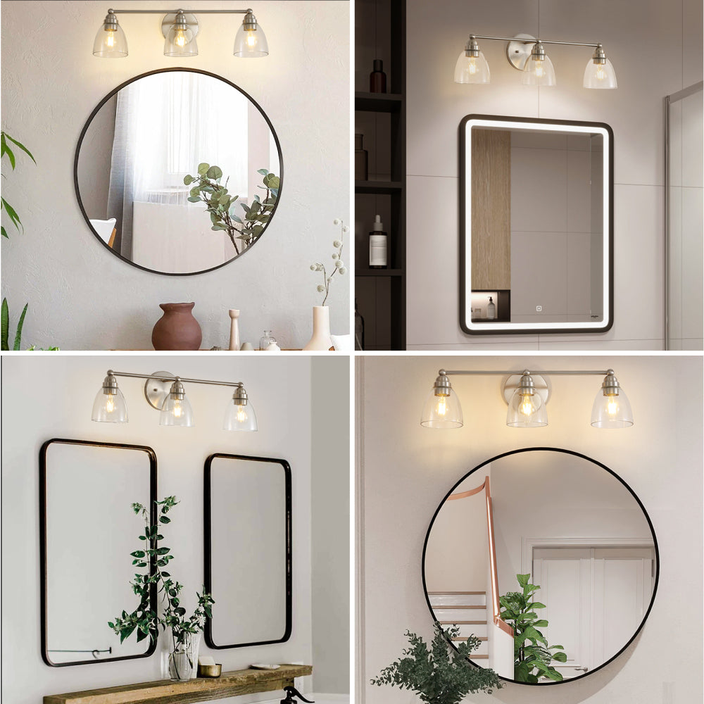 Modern 3-Light Brushed Nickel Bathroom Vanity Light with Clear Glass Shade, E26 Wall Sconces Over Mirror for Living Room Bedroom Hallway (Bulb Not Included)