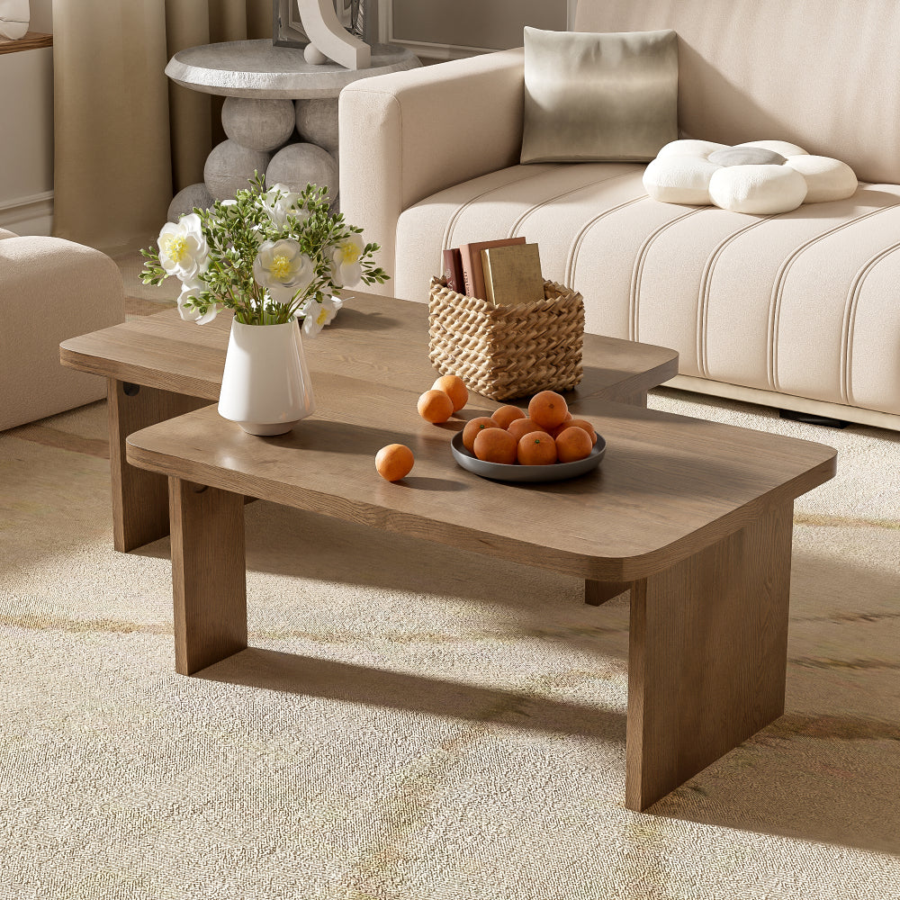 U-Can Set of 2 Nesting Coffee Tables Farmhouse,Rectangle Coffee Table Living Room,Wood Finish Coffee Table Set, Small Coffee Tables, Sofa Side Table for Living Room