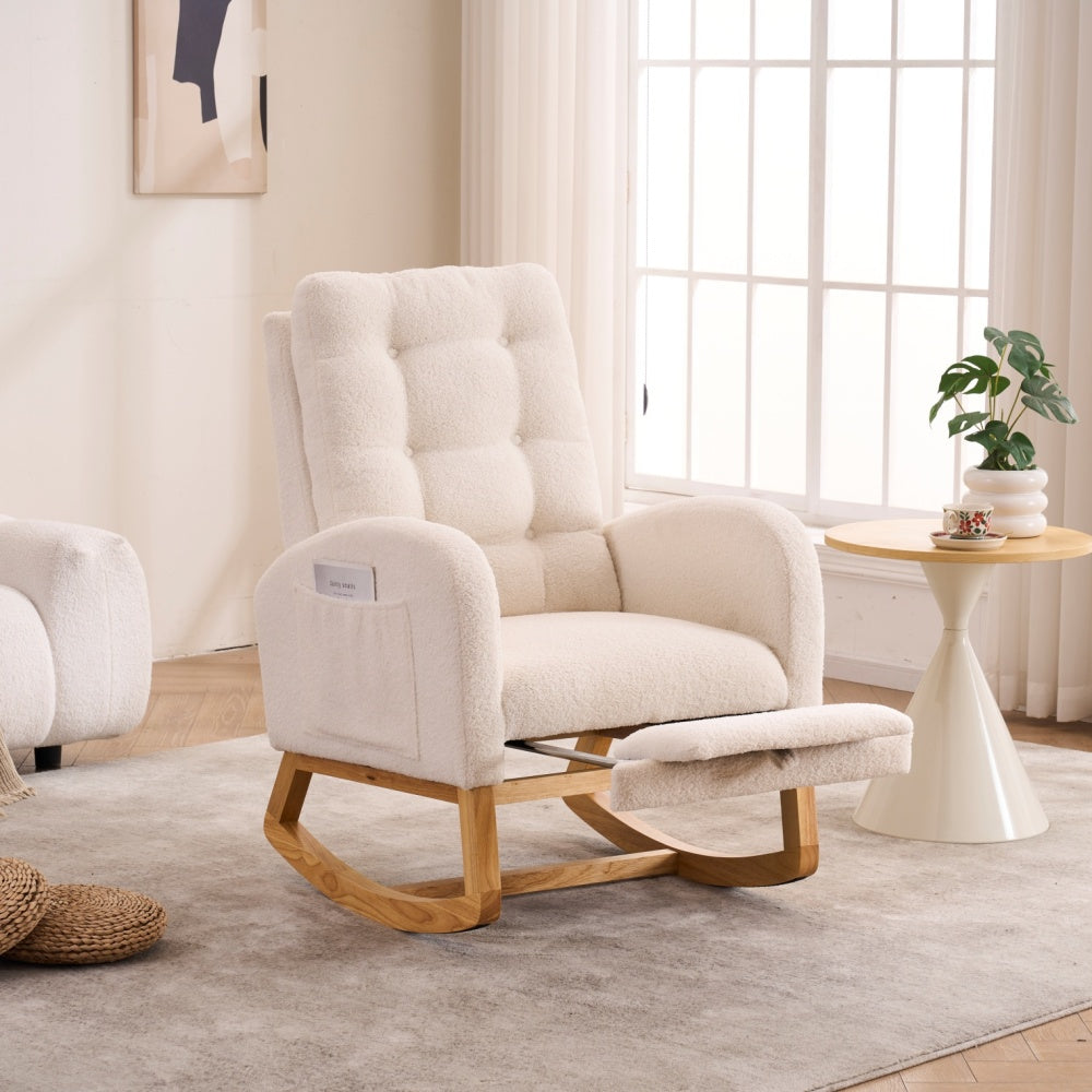 LY-5104 Plush Accent Rocking Chair with Footrest, Cream White High-Back Rocker, Rubber Wood Lounge Chair for Nursery & Living Room, 38.36"W x 26.77"D x 39.76"H