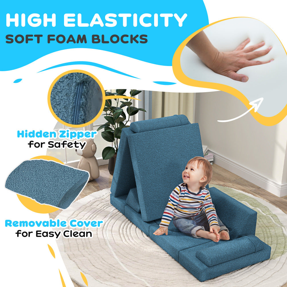 Qaba 12 Pcs Kids Modular Couch, Toddlers Couch Child Sectional Sofa, Playroom Bedroom Furniture for Boys and Girls, Blue