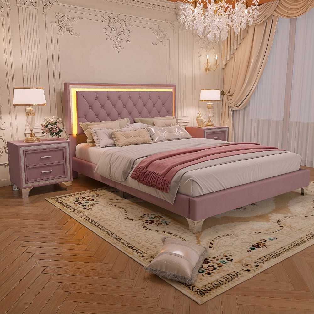3-Pieces Bedroom Sets,Queen Size Upholstered Platform Bed with LED Lights and Two Nightstands-Pink