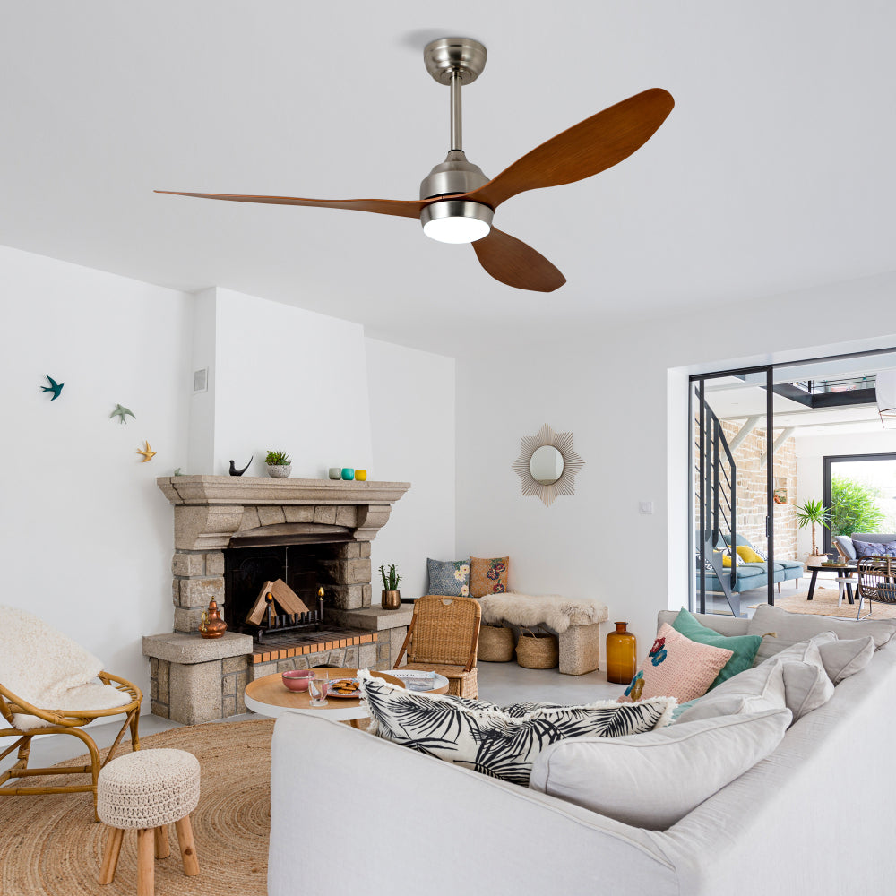 52" Ceiling Fan with Lights Quiet DC Motor 3 ABS Blade Ceiling Fans 6 Speed Levels,Reversible Ceiling Fan, for Patio Living Room, Bedroom, Office,Indoor.(Stain nickel + Walnut )