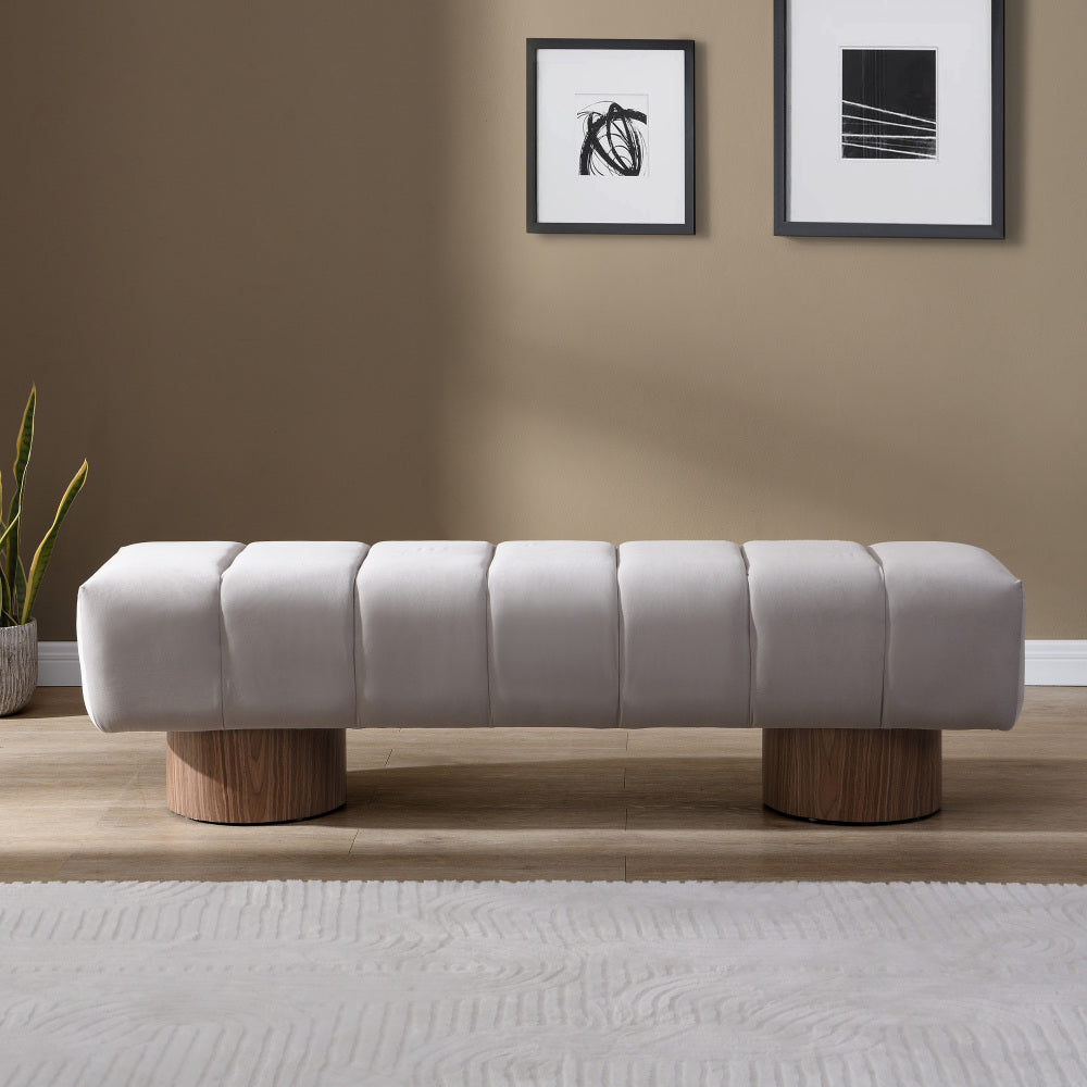 Upholstered Dining Bench for Dining Room, No-Assembly End of Bed Entryway Bench Ottoman for Bedroom Living Room, Light Gray Fabric Stool Top Wood Leg 300 LBS Weight Capacity