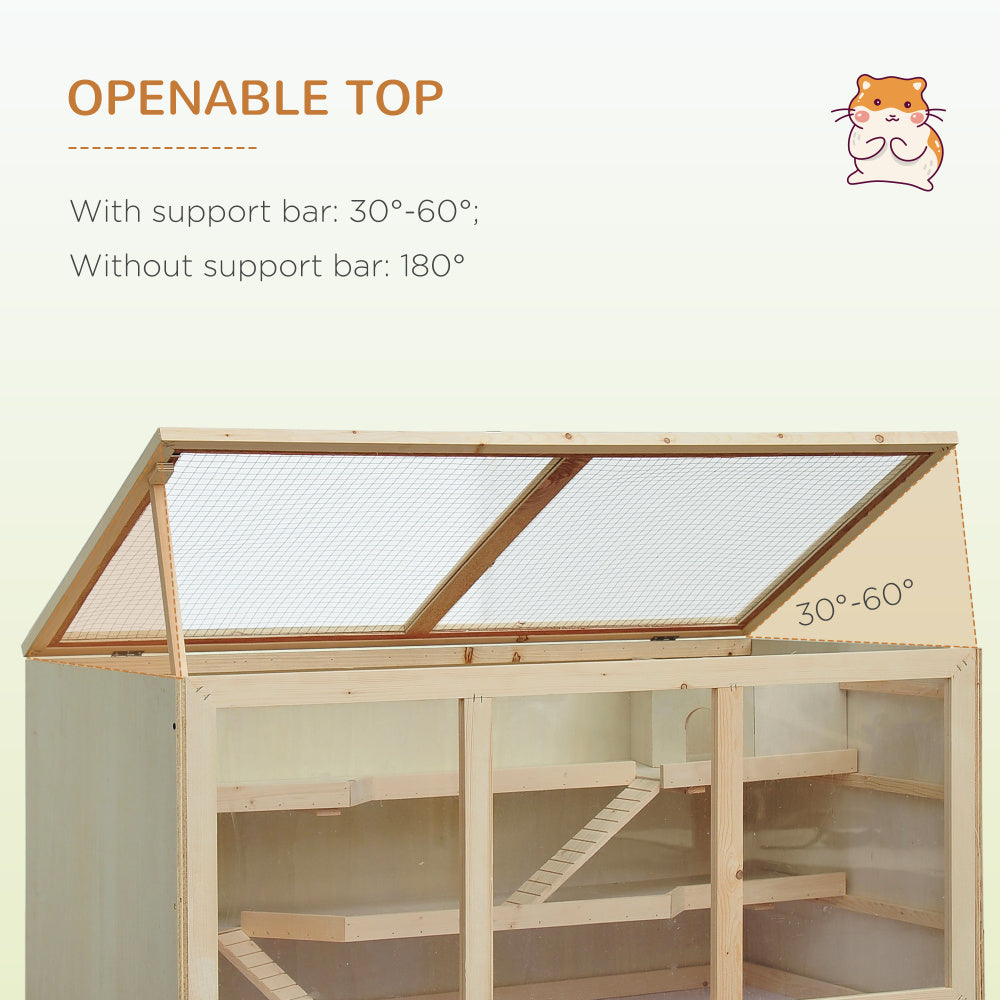 PawHut Extra Large Wooden Hamster Cage, Gerbil Cage, and Other Small Animal Habitat, Hamster Habitat with Opening Roof, Hut, Ramps, Natural