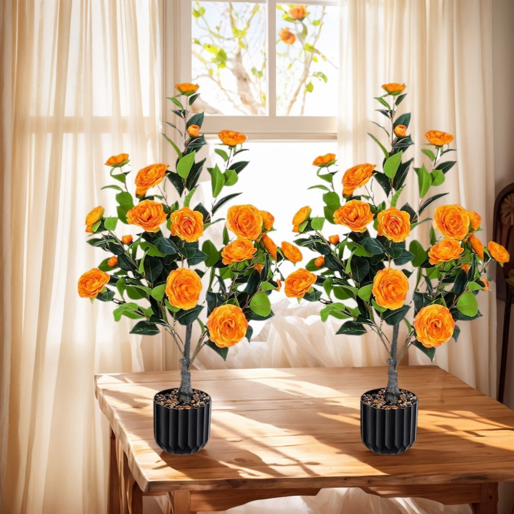 Artificial Camellia Tree 2 Pack, 36"Faux Camellia Plant in Pot with Orange Flowers, Greenery Potted Plant for Indoor Outdoor Office Home Porch Decor, Orange ( BACK TO SCHOOL )