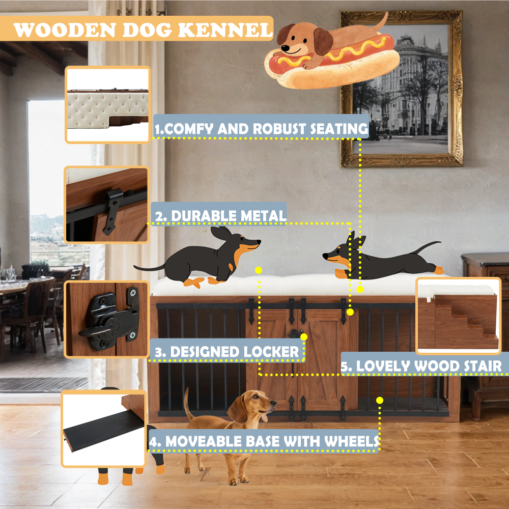 56"L, Furniture Style 2 in 1 Dog Crate with Padded Seat, Sliding Barn Door, Luxury Wooden Dog Kennel, End of Bed Bench Ottoman with Removable Cushion for Bedroom, Living Room, Walnut