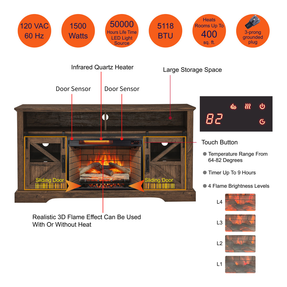 60 Inch Electric Fireplace  Entertainment Center With Door Sensor-Reclaimed Barnwood Color