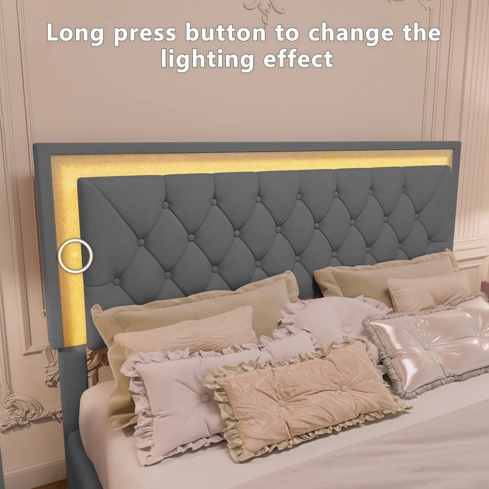 3-Pieces Bedroom Sets,Queen Size Upholstered Platform Bed with LED Lights and Two Nightstands-Gray