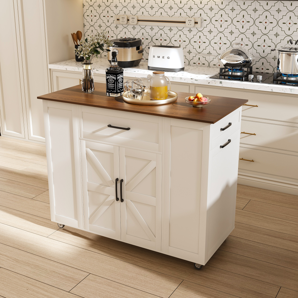 46" Kitchen Island on Wheels with Storage & Power Outlet - Movable Rustic Breakfast Bar Table, Wood Top with Adjustable Shelf & Drawer for Kitchen Dining Living Room, White