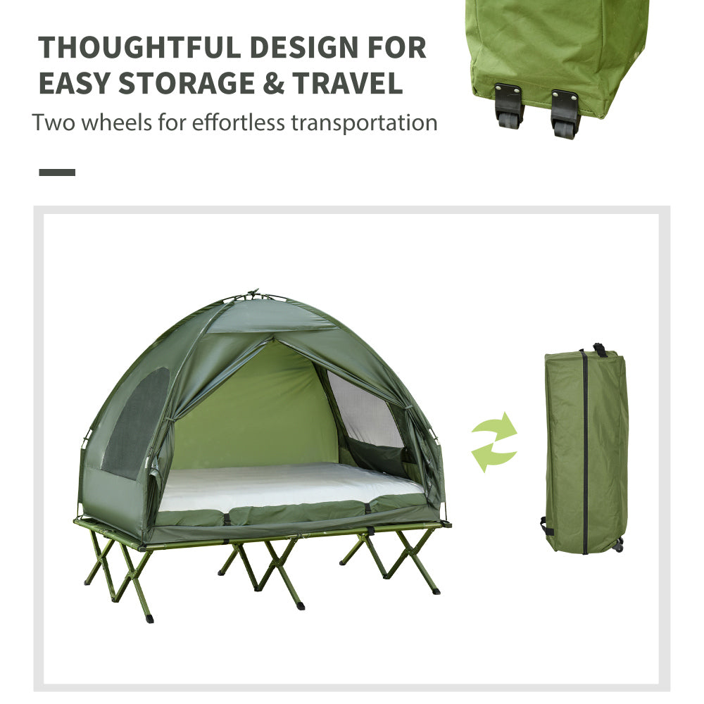 Outsunny 2 Person Foldable Camping Cot with Tent, Bedspread and Thick Air Mattress, 4-In-1 Elevated Camping Bed Tent for Outdoor Hiking, Picnic, Travel