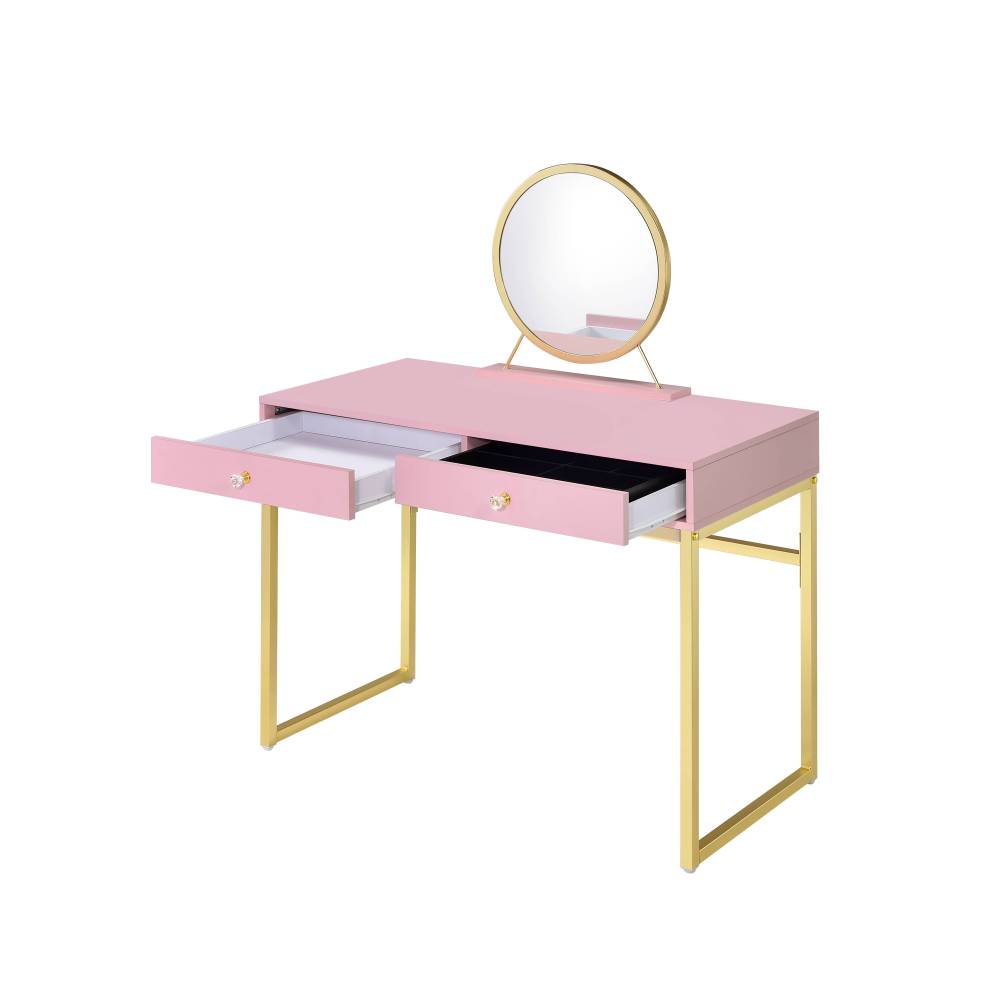 Coleen White & Gold Finish Vanity Desk W/Mirror & Jewelry Tray