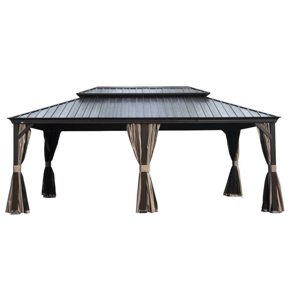 12' X 20' Hardtop Gazebo, Upgraded Metal Gazebo with Drainage System, Dual-Layer Galvanized Steel Roof, Curtain and Netting, Outdoor Shelter Canopy for Patio, Garden, and Backyard, Brown