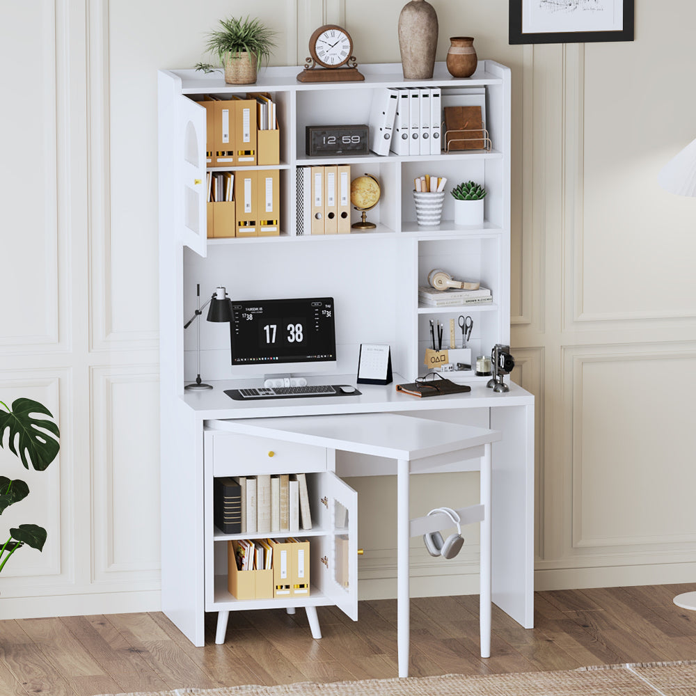 Computer Desk with 90 Degree Rotating Desktop, 43x70 Inch Office Desk with Storage Drawer and Cabinets, Gaming Desk with Shelves, Writing Desk for Study, Work Desk for Home Office Bedroom Living Room
