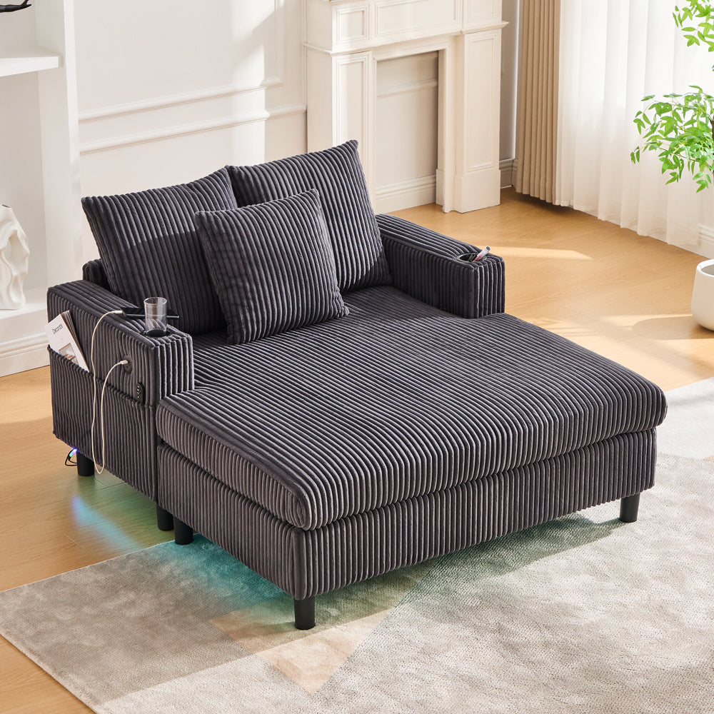UNITED WE WIN Modern Corduroy Oversized Recliner Sofa with Deep Seat, 3 Pillows, USB Charging, RGB LED Light Strip, Cup Holder, Side Pocket - Suitable for Living Room and Bedroom
