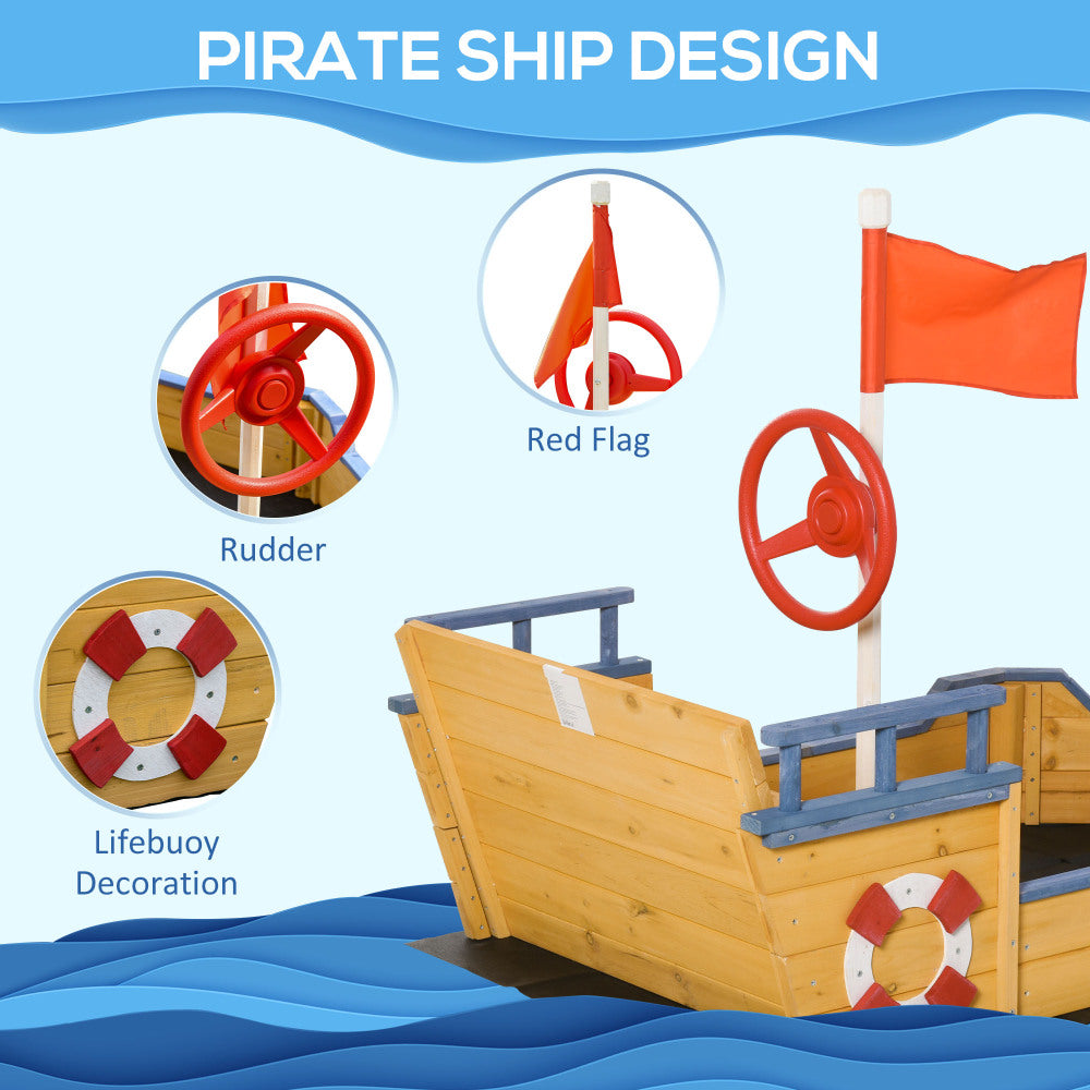 Outsunny Wooden Kids Pirate Sandbox, Outdoor Sandboat with Bench Seats, Storage, Non-Woven Fabric Cloth for Backyard, Lawn