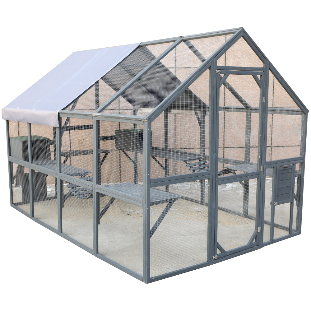 Cat Run Large Cat Enclosure Wooden Cat Catio Outdoor Kitty House with Bridges, Walks, Small Houses, Roof Cover 110 Inch
