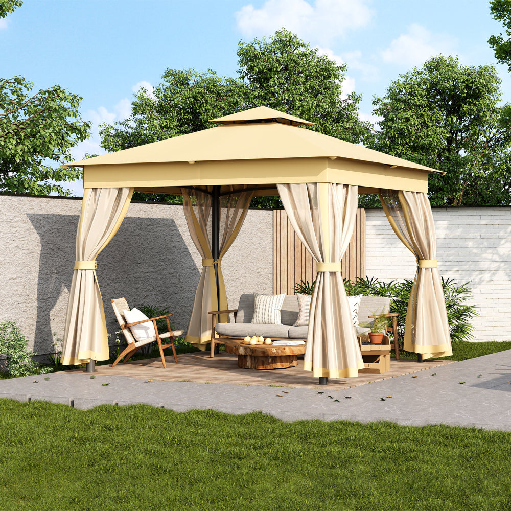 TREXM 10x10 Outdoor Gazebo Tent with Double Roofs, Patio Gazebo with Mosquito Netting, Patio Canopy for Backyard, Garden, Lawn and Deck (Beige)