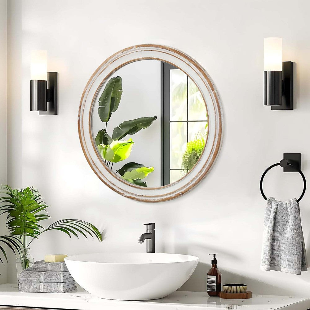 35.4 inches Round Wall Mirror for Bathroom Vanity, Wooden Farmhouse Circle Mirrors for Bedroom, Entryway, Living Room, Kithen Whitewash Edge Decorative Mirror for Home, Office