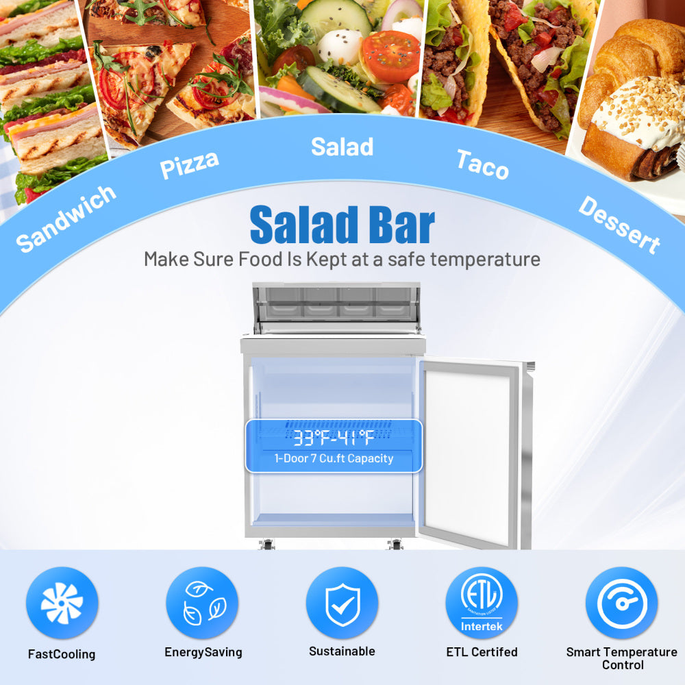 27" W 1 Door Refrigerator Sandwich Salad Prep Table Commercial Stainless Steel Fan Cooling Refrigerator with Cutting Board, 1 Shelves & 8 Pans for Restaurant, Bar, Shop-7.4 Cu.ft