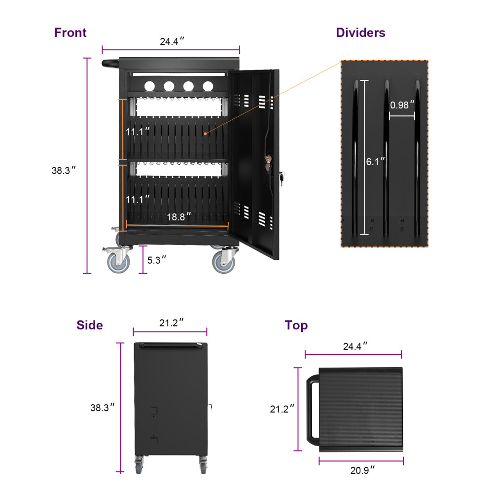 30+2Bay Mobile School Charging Cart Station for Chromebook, Tablet and Laptop Computer with Power Strip Included, Assembly Required-BLACK