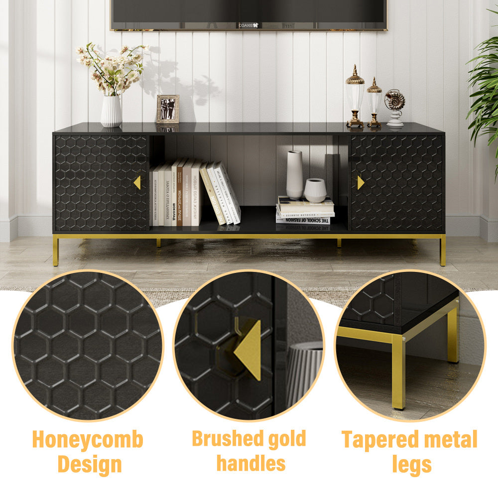 70 Inch TV Stand, Heavy Duty Wood Media Entertainment Center Console with Cabinet Storage & Open Shelves for Living Room, Modern Design (Black)