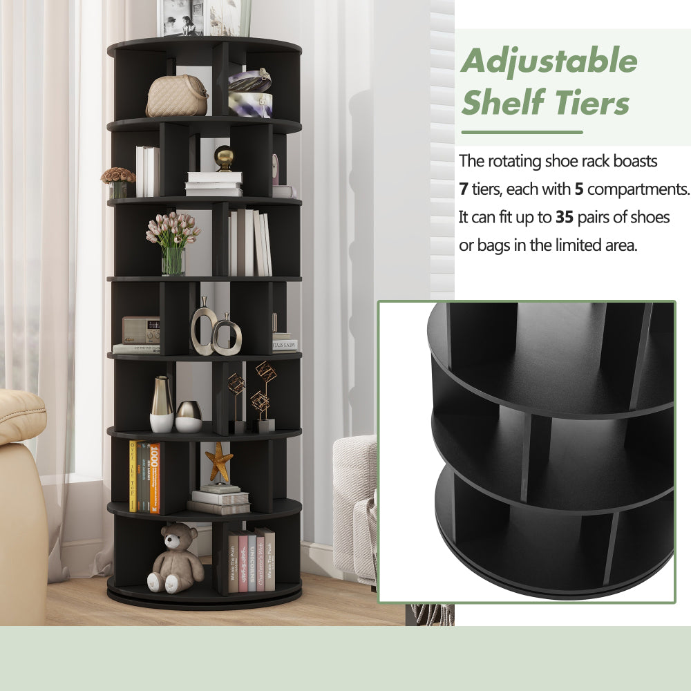 ON-TREND Φ23.6'' Rotating Shoe Rack Tower, 7-Tier Spinning Shoe Shelf with 5 Grids Per Layer, Display Rack, 360° Revolving Shoe Carousel Closet Organizer for Entryway, Living Room, Black