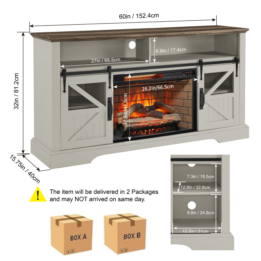 60 Inch Electric Fireplace  Entertainment Center With Door Sensor-Jasmine white color