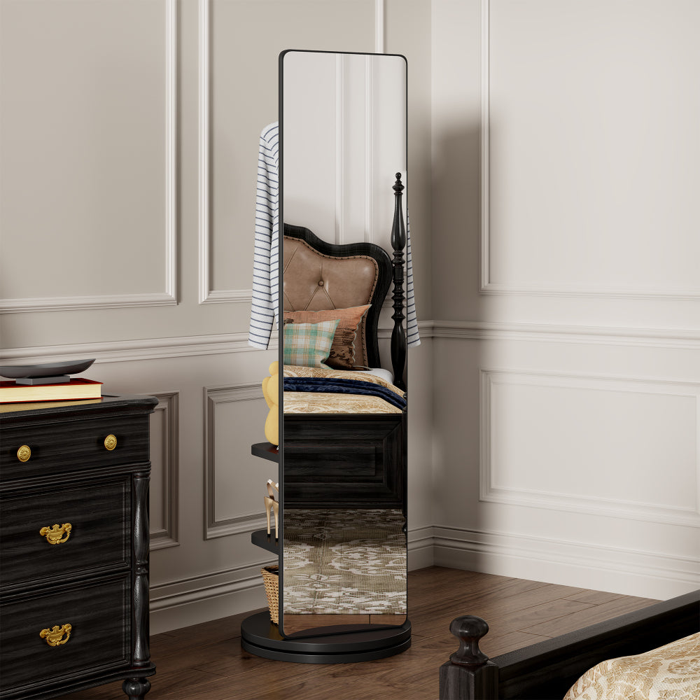 360° Rotating 66"x14" Multifunctional Full Length Mirror with Hook Storage Rack Coat Rack with Mirror Solid Wood Floor Mirror Bedroom Living Room Cloakroom Space Saving(black)
