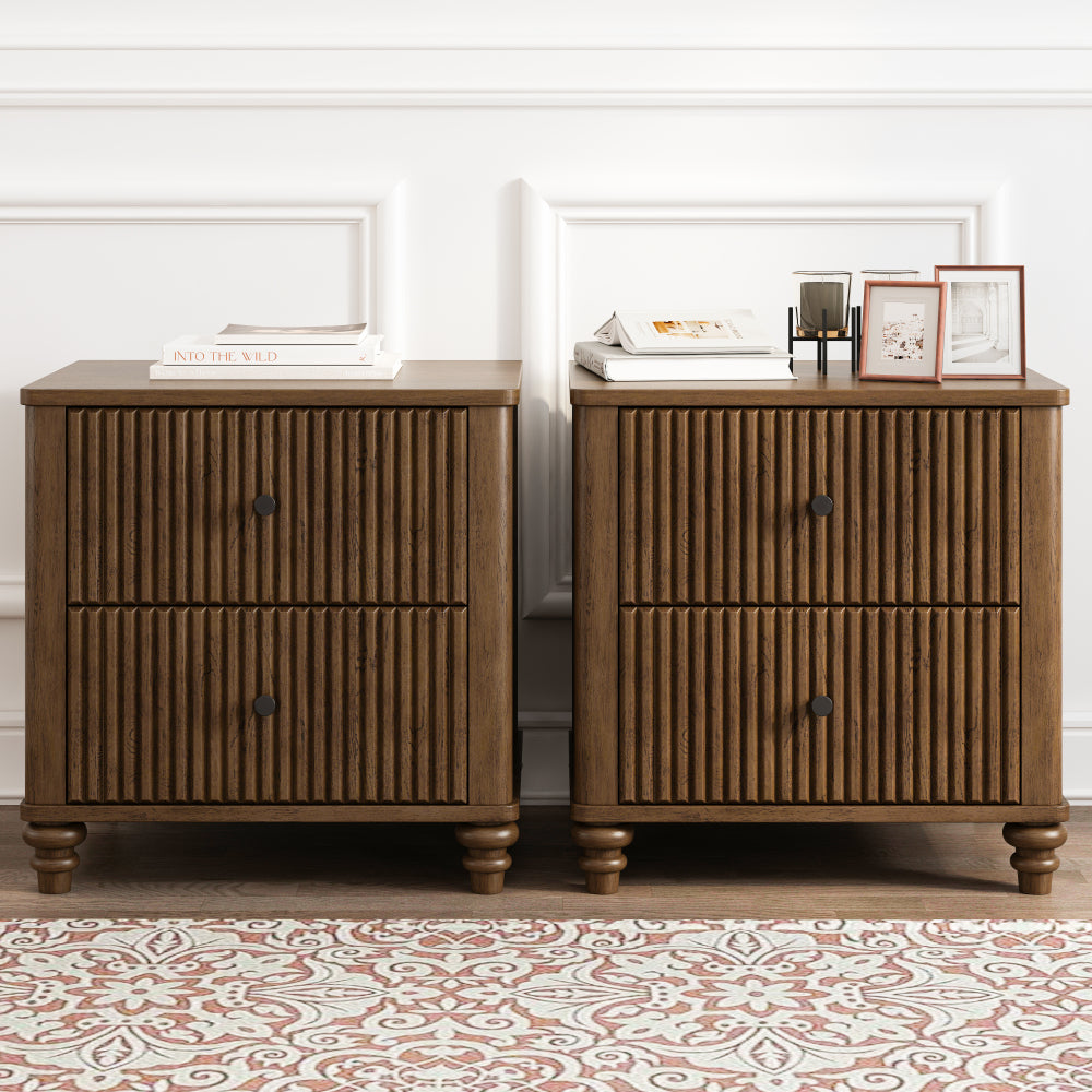 Fluted Nightstand, 21.65" Wide Side Table with 3 Drawers, Mid Century Modern Wood NightStand with Metal Handle, Wooden Bedside End Table for Bedroom, Living Room, Closet, Beige