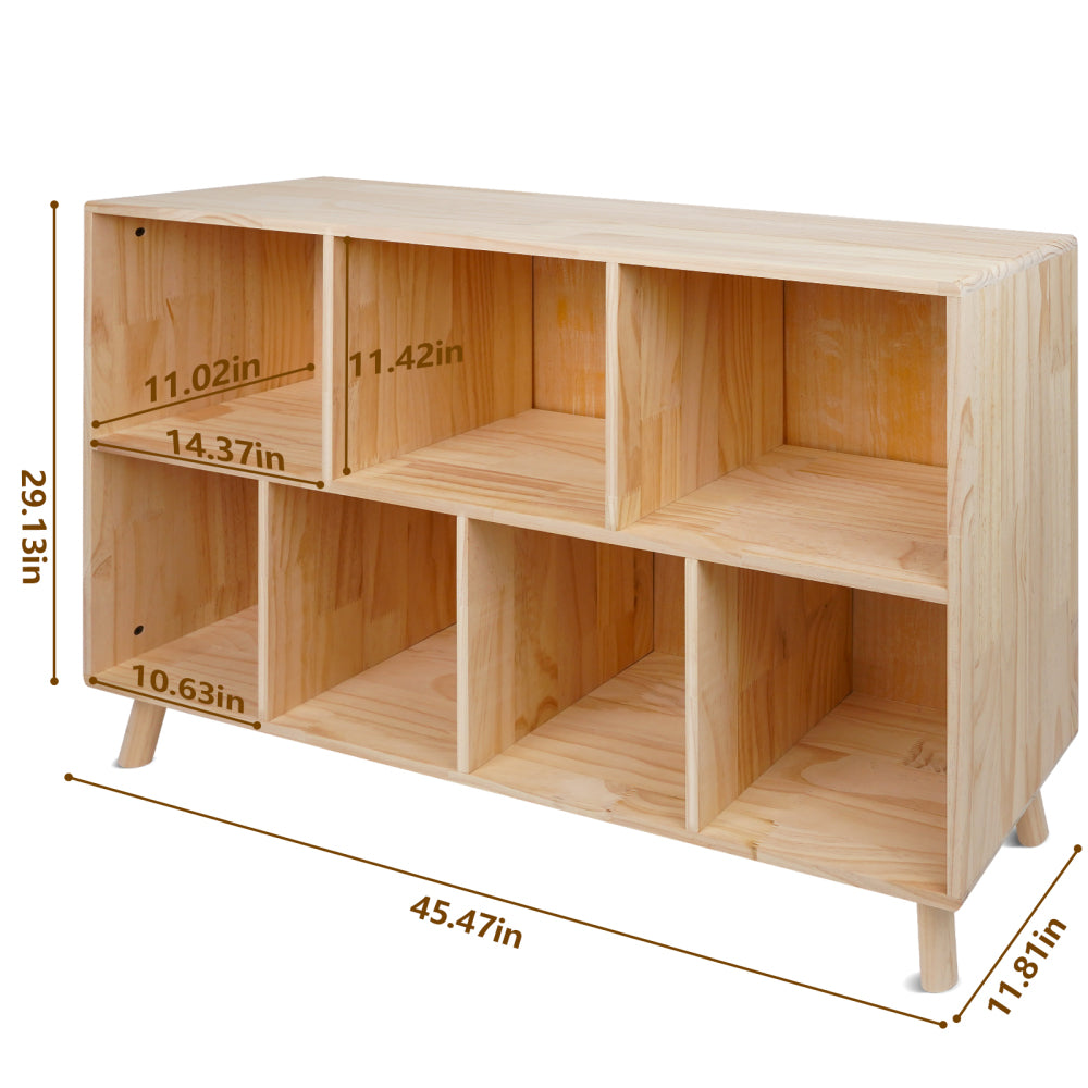 Solid Pine Wood 7-Compartment Storage Cabinet, 45.5"L x 29.1"H Fixed Shelves Organizer for Books/Toys/Home Décor, Modern Wooden Shelf ,Multi-Compartment Cabinet for Home/Office