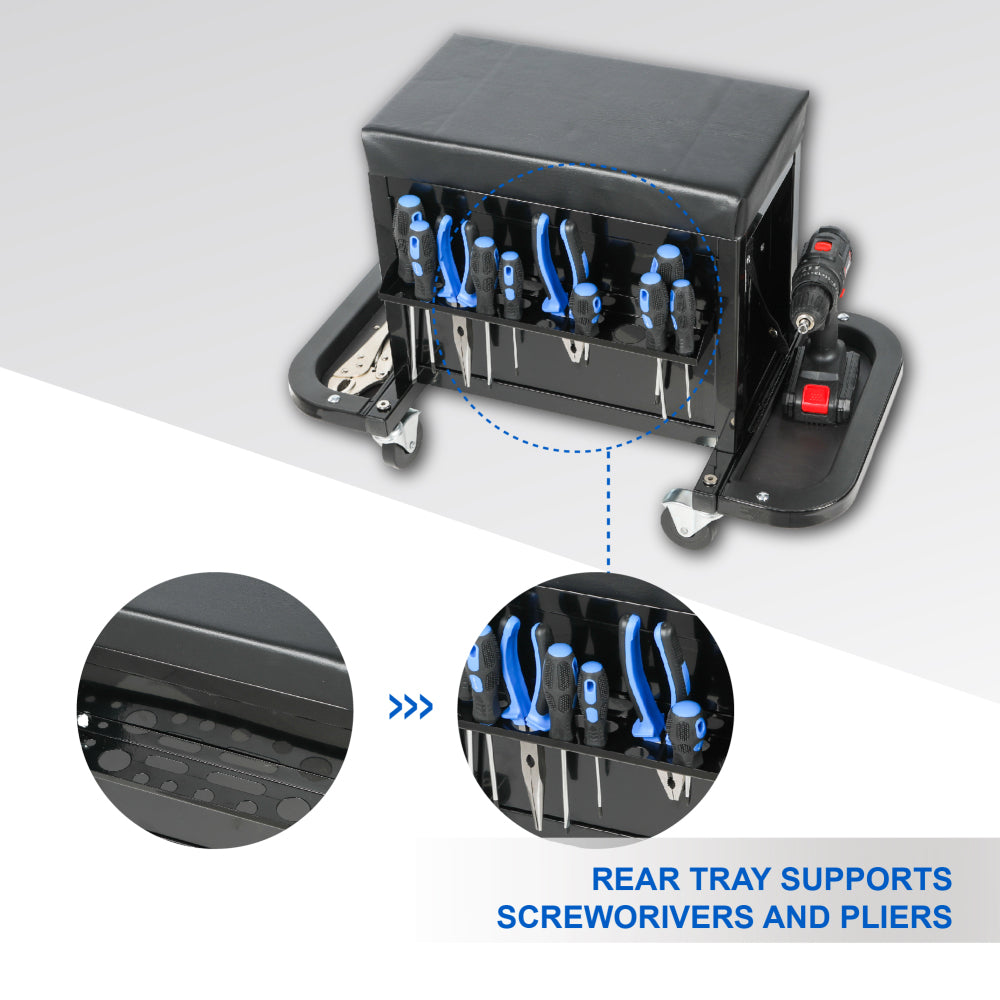3-Drawer Tool Chest Rolling Mechanic Seat with Tool Trays,350lbs Max Weight Capacity,Black