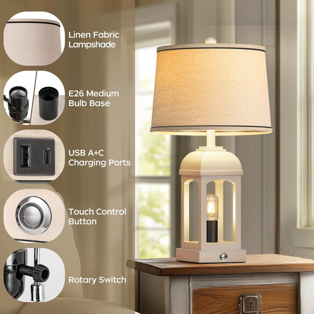 Table Lamp for Living Room, Farmhouse Lamps Set of 2 with USB A+C and Nightlight, 26" Rustic Bedside Lamps with 3-Way Dimmable, Touch Nightstand Lamp for Bedroom, White
