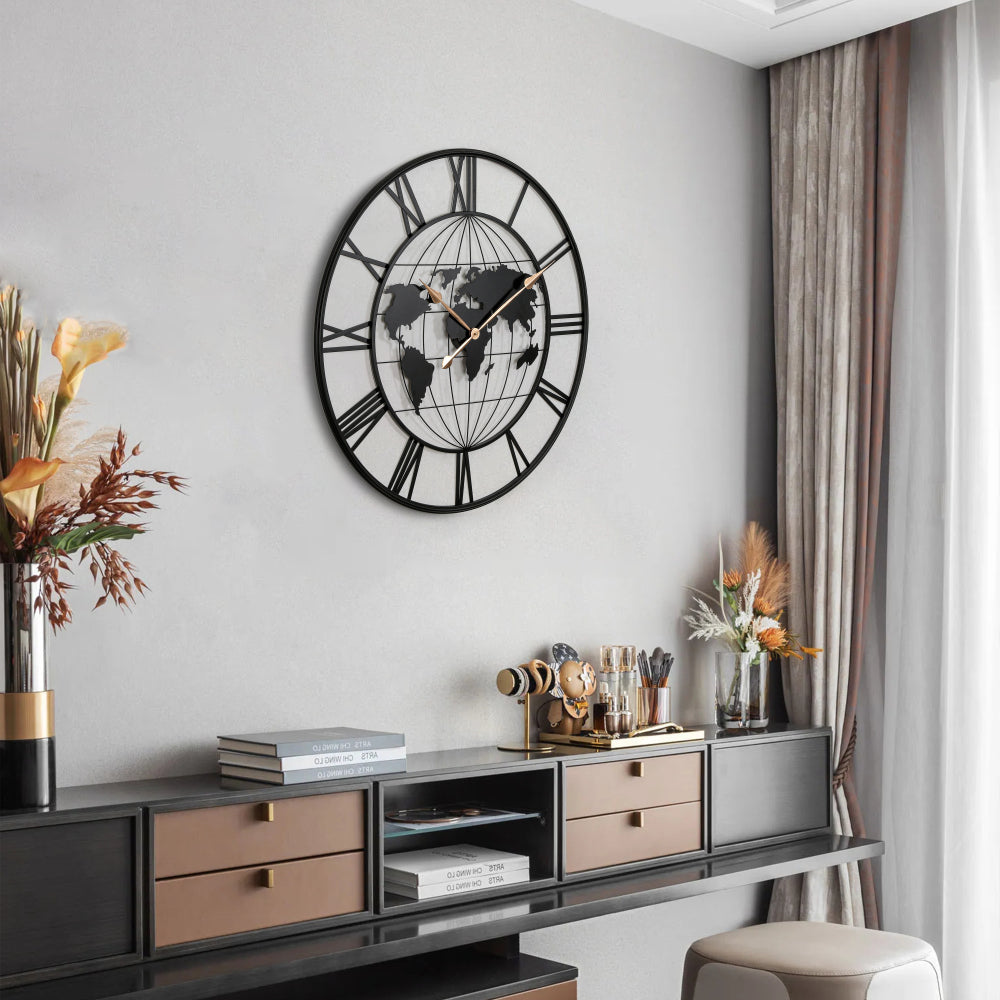 36 Inch Large Black Metal Wall Clock, Modern Silent World Map Wall Clock with Gold Pointers, Decorative for Living Room, Entryway, Dinning Room, Bedroom