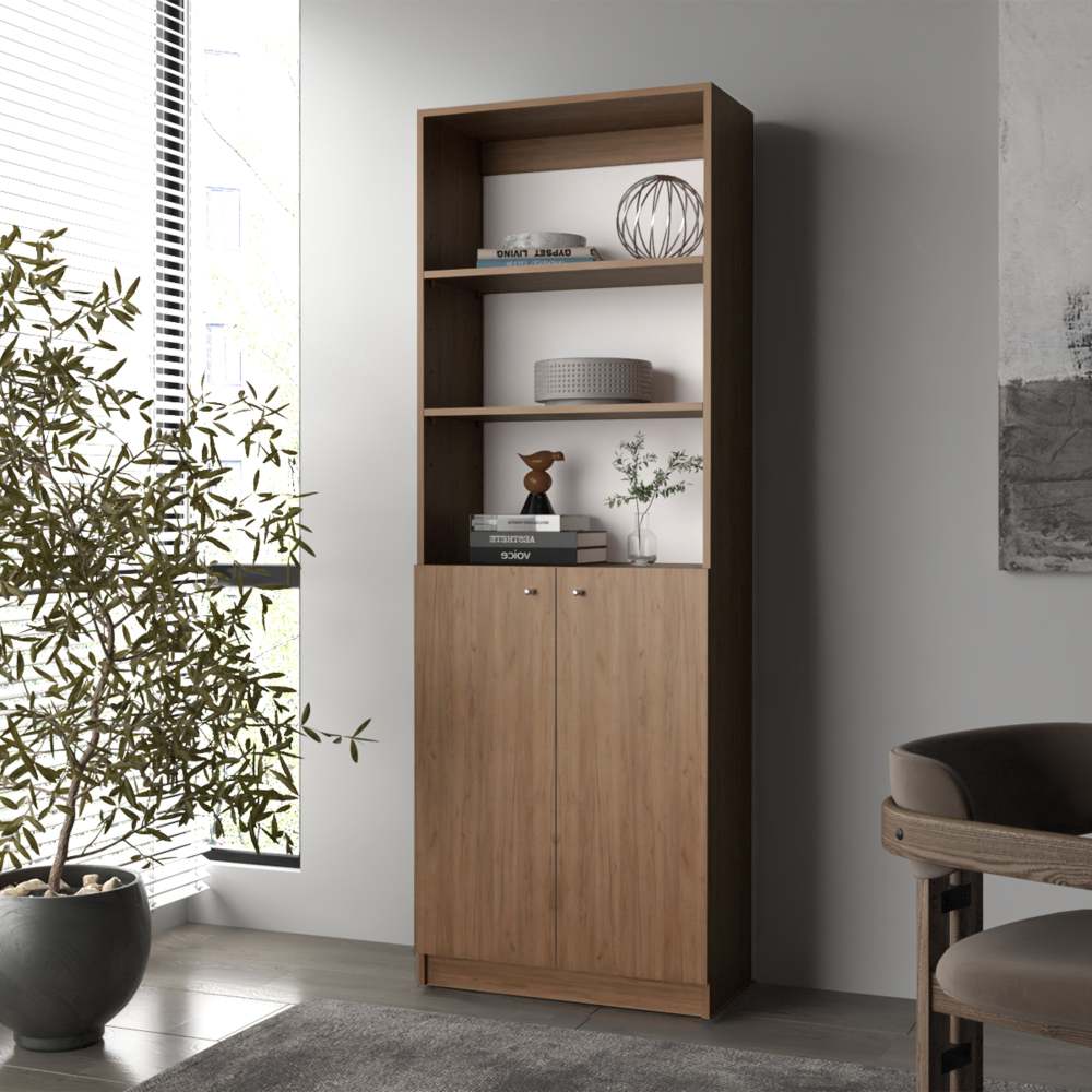Natural Oak and White 2-Door Bookcase with Open Storage