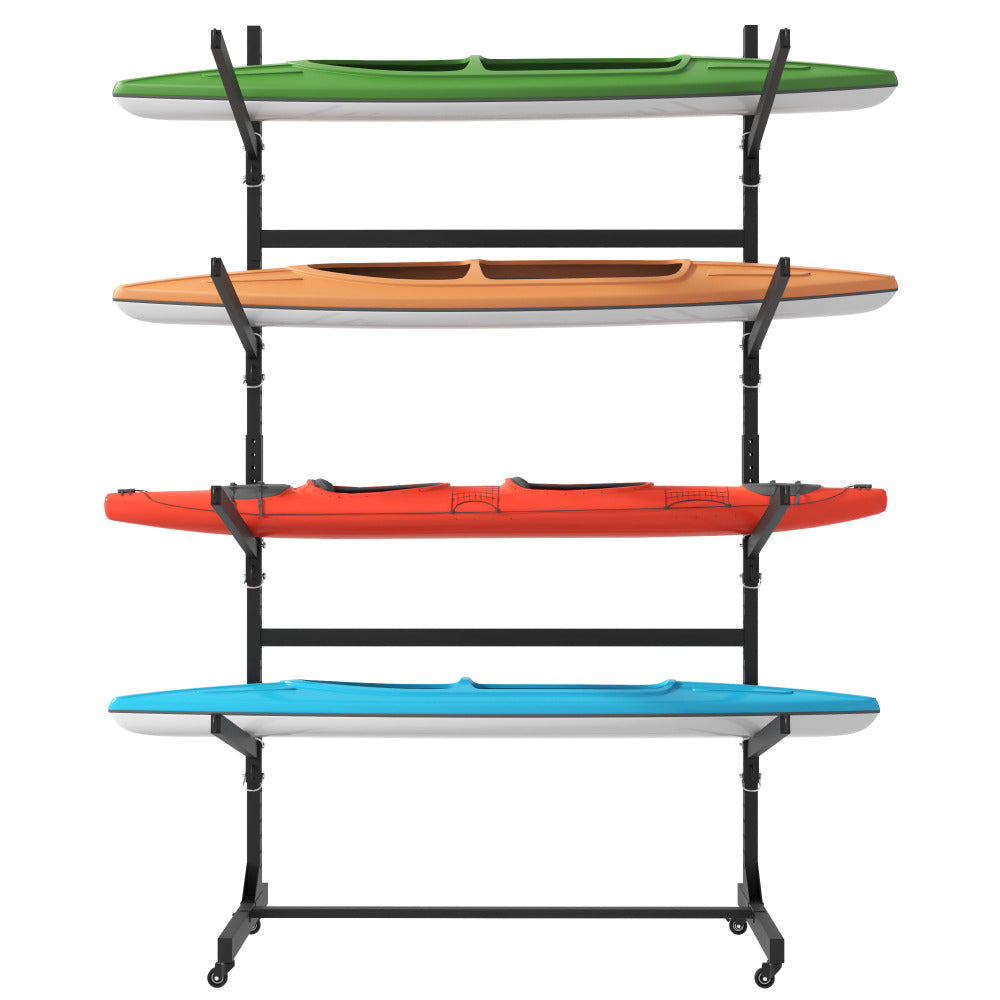 80''H Freestanding Kayak Storage Rack – Holds 4 Kayaks, Heavy-Duty Adjustable Stand with Lockable Wheels for Kayak, Canoe, SUP & Surfboard, 45.87"W*28.94"D*80"H