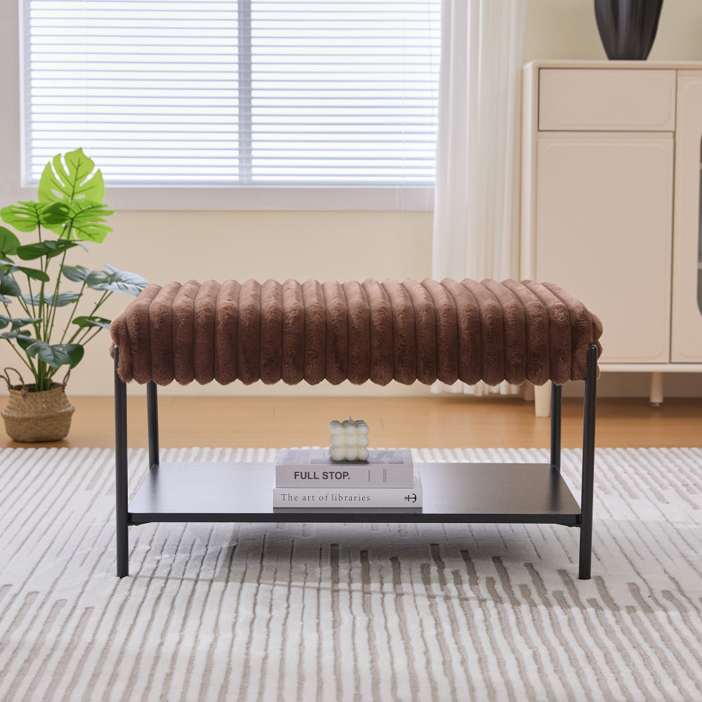 30.7"Wide Upholstered Ottoman Coffee Table Foot Rest with Black Metal Legs,Footstool with Wooden Open Storage Shelf, Faux Fur Foot Stool for Living Room Bedroom Entryway Hotel. Beige