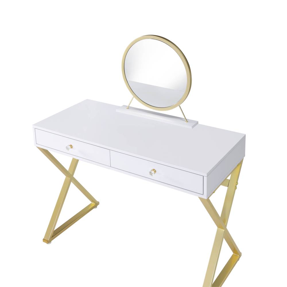 Coleen White & Gold Finish Vanity Desk W/Mirror & Jewelry Tray