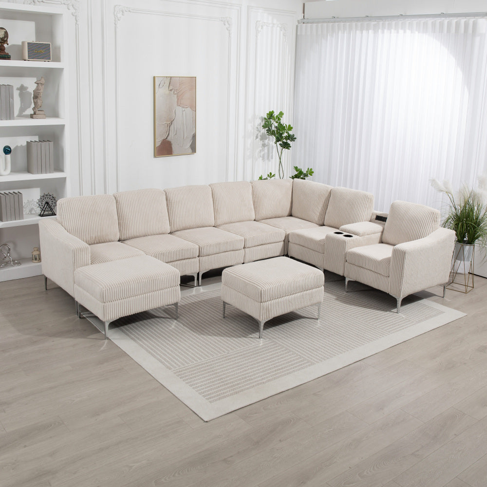 Modular Sectional Sofa Armless Seat Module, Corduroy Sectional Couch, Single Couch Modular Armless Accent Chair with Back Cushion,  Beige