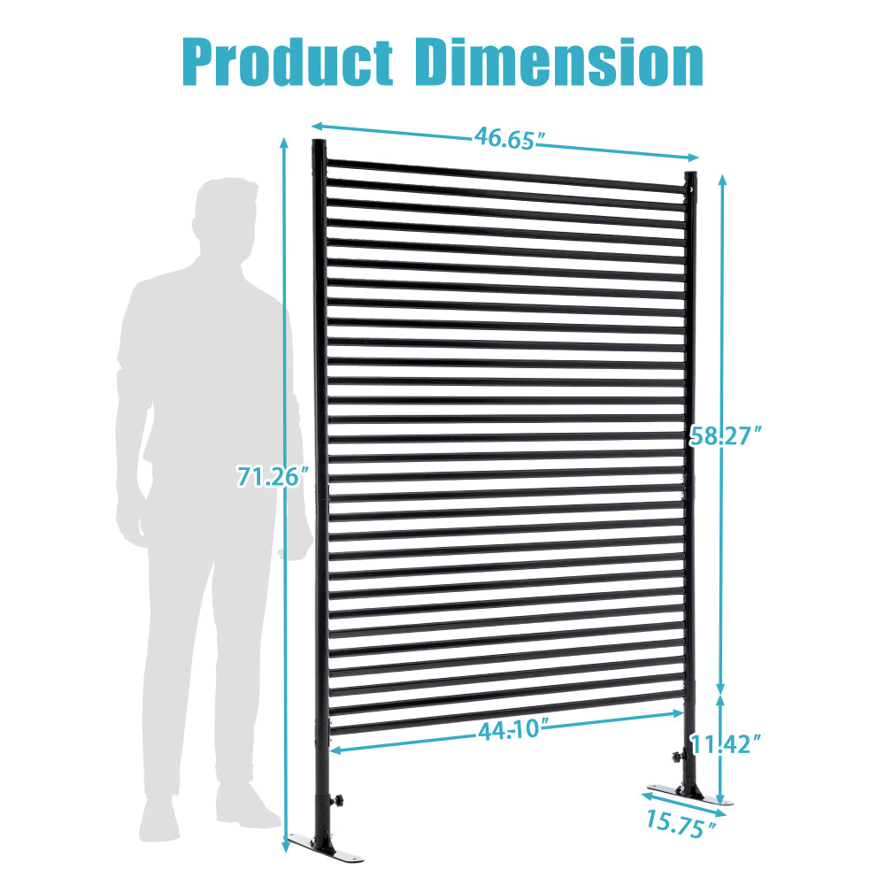 71.26''x46.65'' Outdoor Privacy Screens Freestanding,Metal Privacy Fence Panels for Outside, Slatted Privacy Screens with Stand,Black