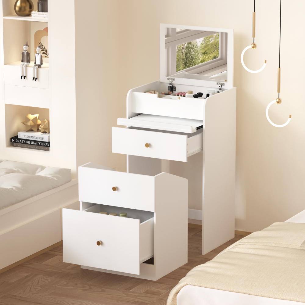 Small Vanity Desk with Mirror - White Makeup Vanitys Set Make up Table with Chair, Drawers, Mini Space Saving Cute Dressing Table for Girls Bedroom Living room