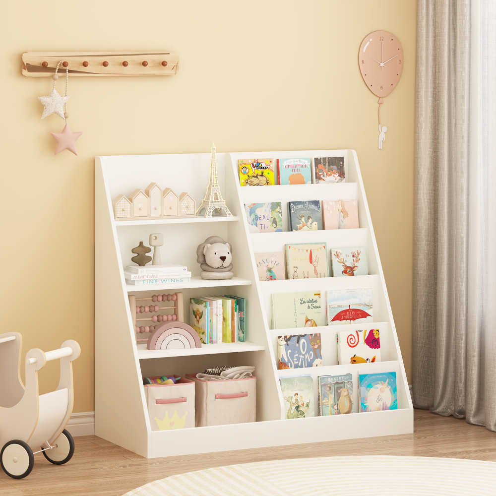 Kids Bookshelf and Toy Storage Organizer, Multifunctional 4 Tier Wooden Kids Book Shelf with  Bookcase Display Stand in Kids Room Playroom Nursery for Kids, Children, Toddlers (White)