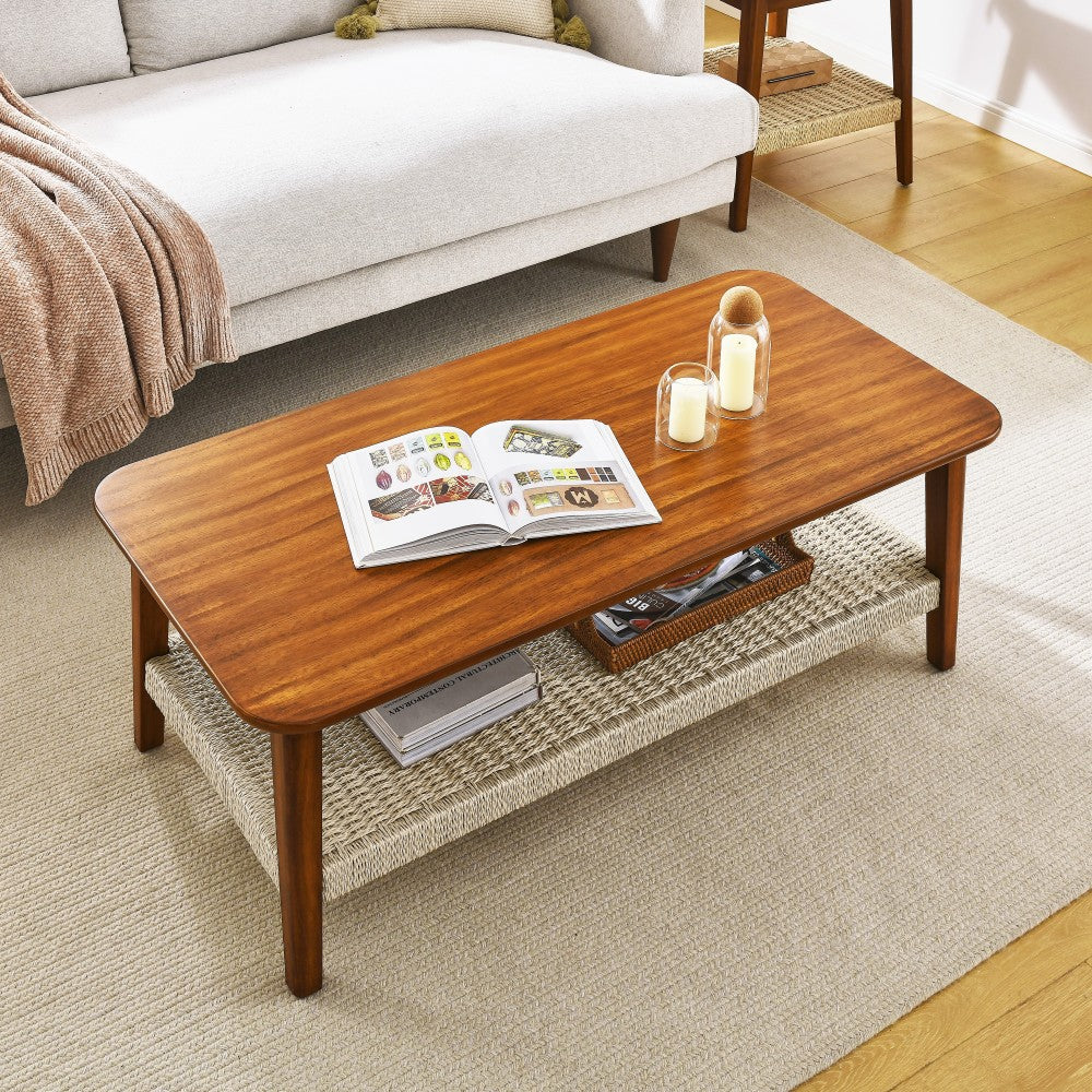 23" Mid-Century Side Table with Woven Shelf, Boho Side Table with Storage, Bedside Tables, Small Side Table for Living Room Couch Patio Home Office