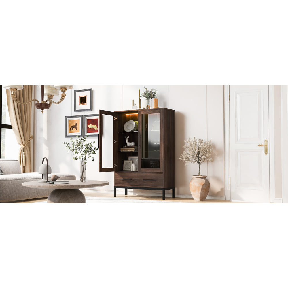 60'' Tall Display Cabinet with 2 Storage Drawers, Pantry with Glass Door & LED Lighting, Farmhouse Storage Cabinet with 4-Tier Adjustable Glass Shelves for Living Room, Hallway, Office, Study - Walnut