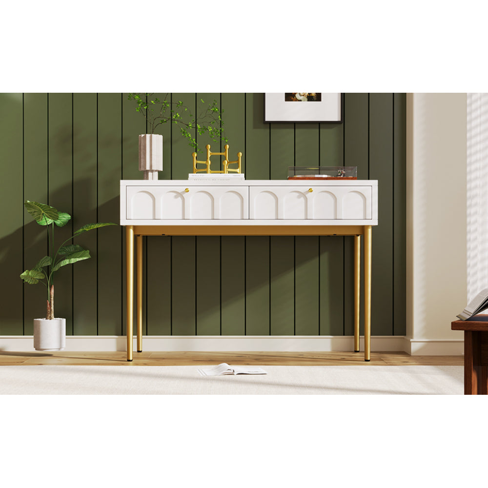 Modern metal leg double drawer dressing table, combining high-quality wood and metal, simple style, multifunctional dressing table, suitable for bedroom, living room, and office use