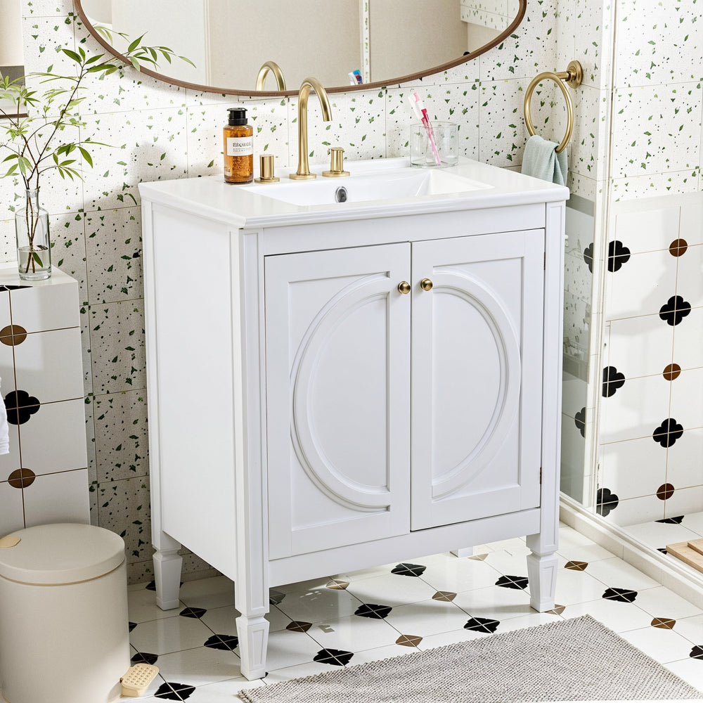 30" No Assembly Needed Vintage White Bathroom Vanity with Ceramic Sink,Two Soft-Close Doors & Adjustable Shelf,Modern Farmhouse Style