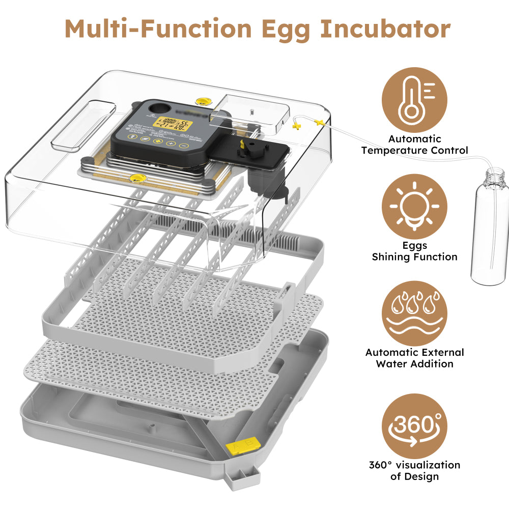 48 Egg Incubator for Hatching Chicken, Duck, Quail & Parrot Eggs – Automatic Egg Turning, Humidity Control & Water Serving – 360° Clear View Poultry Hatcher with Temperature Display
